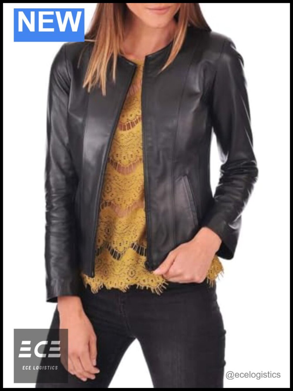 Real Lambskin Leather Jacket Cafe Racer Moto Biker Zip Womens